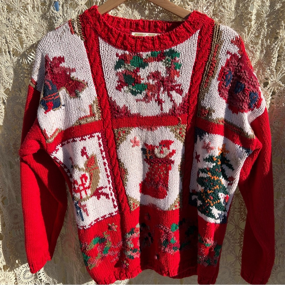 Vintage Christmas Sweater Red with Patchwork Design / Size L